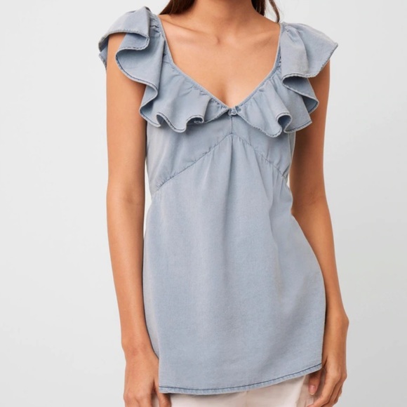 French Connection Sky Blue Ruffle Top - Picture 2 of 7